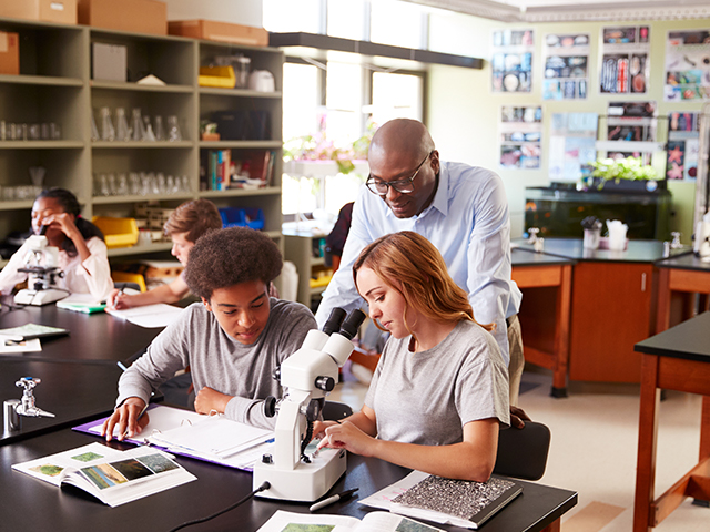 Biology teacher looking over students lab work