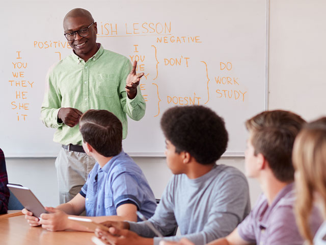 Male english teacher having vocabulary lesson with students